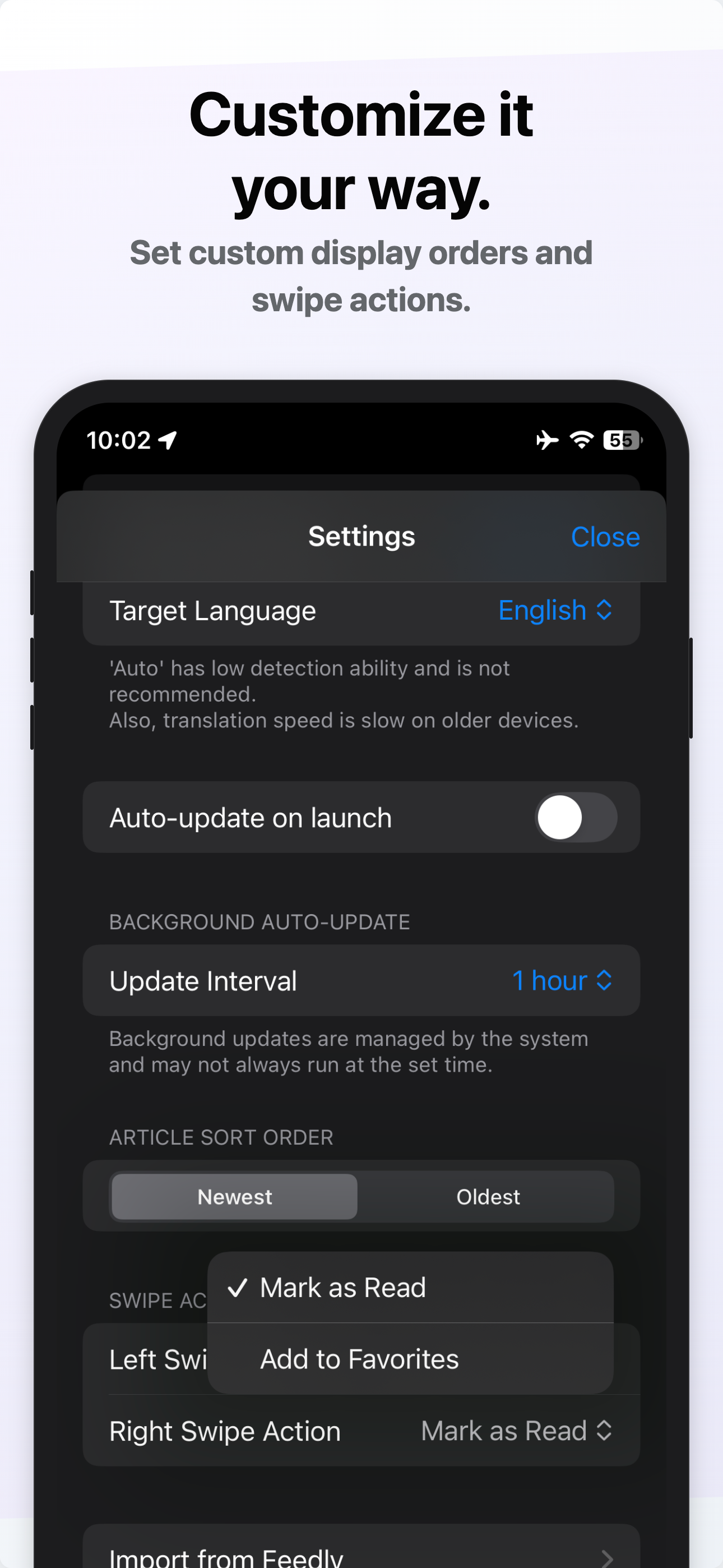 Settings Screen (Swipe Actions)
